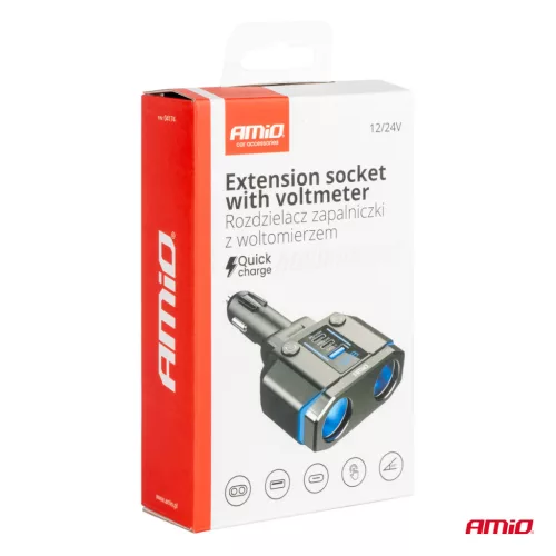 AMiO dupla szivargyújtó-elosztó PD30W PD20W QC3.0 12/24V max. 200W (04174)