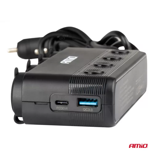 AMiO négyes szivargyújtó-elosztó PD30W QC3.0 12/24V max. 216W (04175)