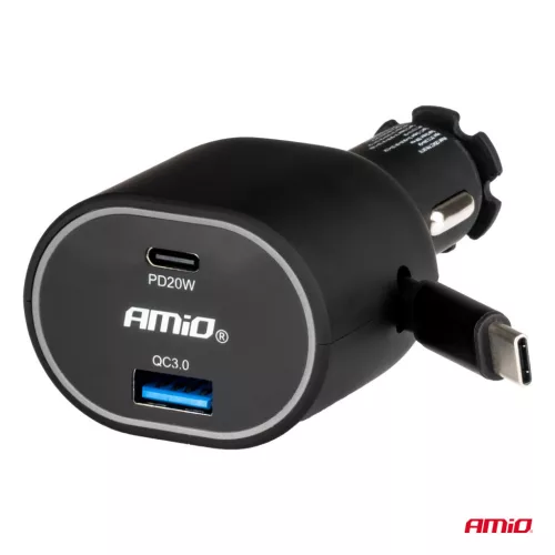 AMiO gyors autós töltő 3.0 – 30W C visszahúzható kábel PD20W (04176)