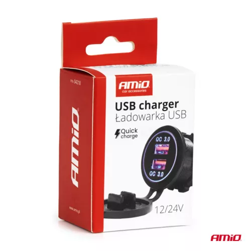 AMiO vízálló telefontöltő kék LED-háttérvilágítással 2xUSB QC3.0 12/24V (04218)