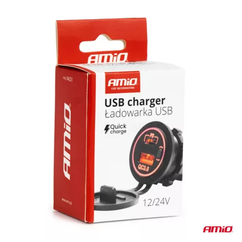 AMiO vízálló telefontöltő piros LED-háttérvilágítással 2xUSB QC3.0 12/24V (04221)