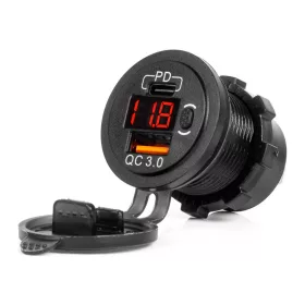   AMiO vízálló telefontöltő kapcsolóval piros LED visszajelző digitális voltmérő USB + USB C QC3.0 12/24V (04222)