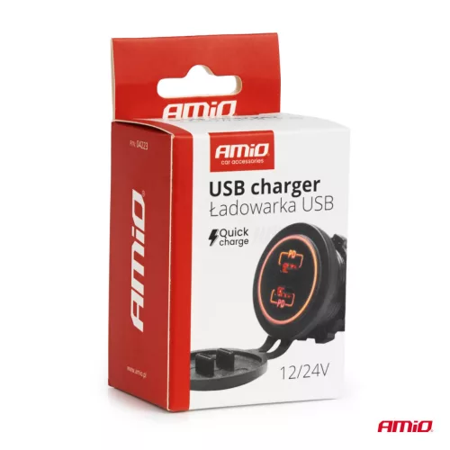 AMiO vízálló telefontöltő piros LED-háttérvilágítással 2xUSB C 12/24V (04223)