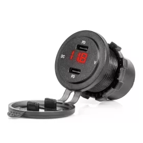   AMiO vízálló telefontöltő piros LED-visszajelzővel digitális voltmérő 2xUSB C 12/24V (04225)