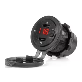   AMiO vízálló telefontöltő kapcsolóval piros LED visszajelző digitális voltmérő 2xUSB C 12/24V (04226)