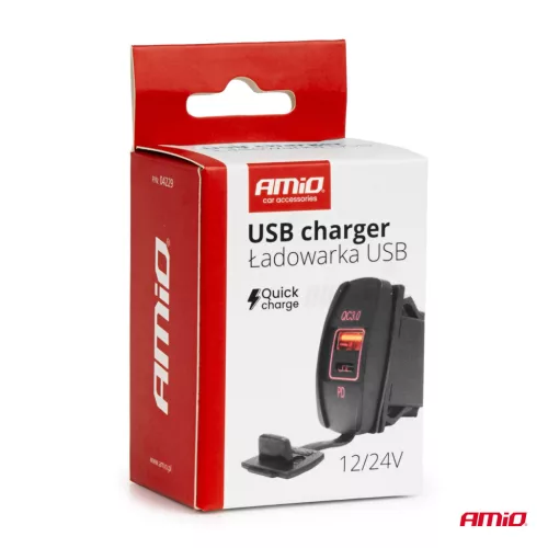 AMiO csónak alakú vízálló telefontöltő piros LED-háttérvilágítással USB + USB C QC3.0 12/24V (04229)