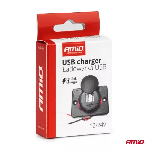 AMiO négyzetes alakú vízálló telefontöltő piros LED-háttérvilágítással 2xUSB 12/24V (04230)