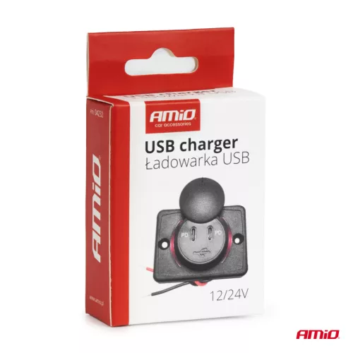 AMiO négyzetes alakú vízálló telefontöltő piros LED-háttérvilágítással 2xUSB C 12/24V (04232)