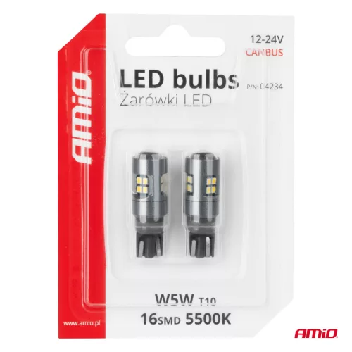 AMiO LED CANBUS T10 W5W 16SMD 2016 fehér izzók 12V/24V (04234)