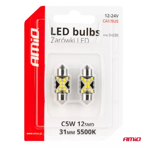 AMiO LED CANBUS izzók 12SMD szofita C5W 2016 31mm fehér 12/24V (04235)
