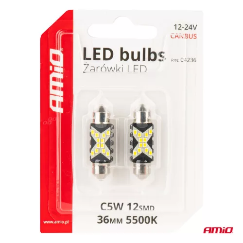 AMiO LED CANBUS izzók 12SMD szofita C5W 2016 36mm fehér 12/24V (04236)