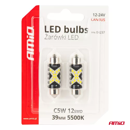 AMiO LED CANBUS izzók 12SMD szofita C5W 2016 39mm fehér 12/24V (04237)