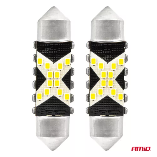 AMiO LED CANBUS izzók 12SMD szofita C5W 2016 41mm fehér 12/24V (04238)