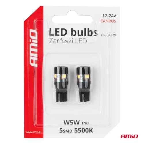 AMiO LED izzók CANBUS T10 W5W 5SMD 3030 fehér 12V 24V (04239)