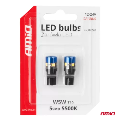 AMiO LED izzók CANBUS T10 W5W 5SMD 3030 fehér 12V 24V (04240)