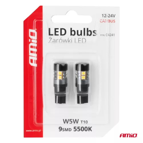 AMiO LED izzók CANBUS T10 W5W 9 SMD 3030 fehér 12V 24V (04241)