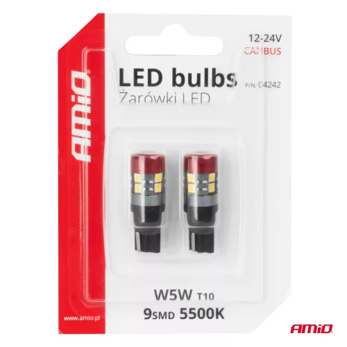 AMiO LED izzók CANBUS T10 W5W 9 SMD 3030 fehér 12V 24V (04242)