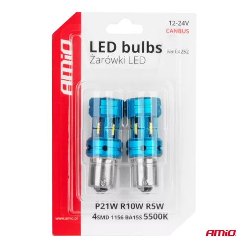AMiO CANBUS LED izzók 1156 BA15S P21W R10W R5W 4SMD 1860 fehér 12V 24V (04252)