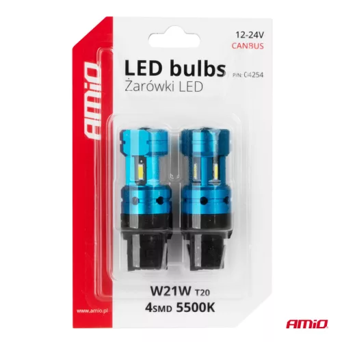 AMiO LED izzók CANBUS T20 7440 W21W 4SMD 1860 fehér 12V 24V (04254)