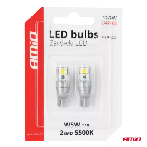 AMiO LED izzók CANBUS T10 W5W 2SMD 3570 fehér 12V 24V (04256)