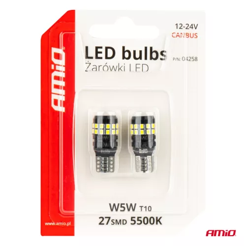 AMiO LED CANBUS izzók T10 W5W 27SMD 2016 fehér 12V/24V (04258)
