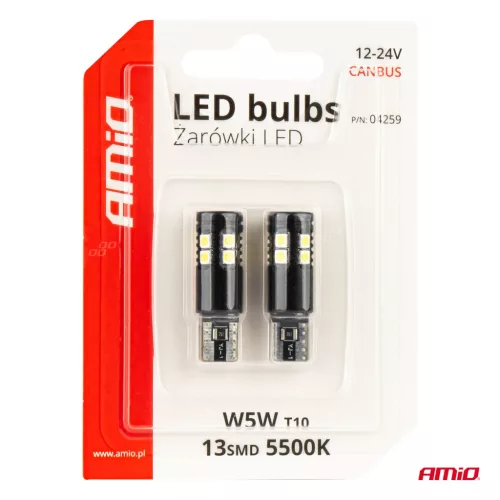 AMiO LED CANBUS izzók T10 W5W 13SMD 3030 fehér 12V/24V (04259)