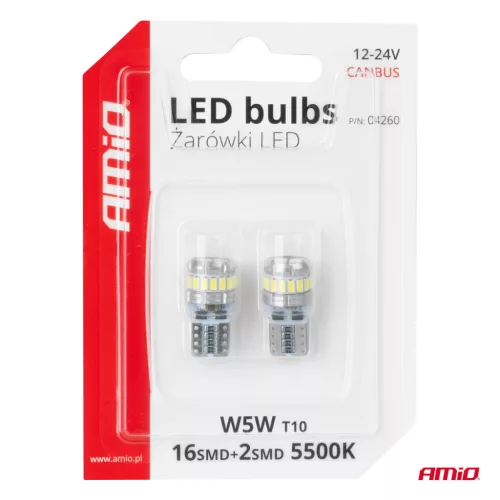 AMiO LED izzók CANBUS T10 W5W 16SMD 2SMD 3014 3030 fehér 12V 24V (04260)