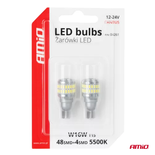 AMiO LED izzók CANBUS T15 W16W 48SMD 4SMD 3014 3030 fehér 12V 24V (04261)