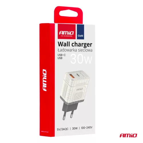 AMiO hálózati töltő gyorstöltés GaN 30W USB-A + USB-C (04286)