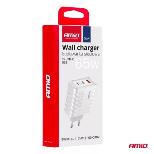 AMiO hálózati töltő gyorstöltés 65W USB-A + 2xUSB-C (04289)