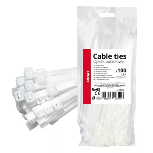 AMiO fehér kábelkötegelő 4.8×200mm 100 db (04310)