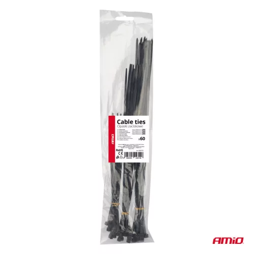 AMiO műanyag kábelkötegelő fekete hosszú készlet 60 db (04315)