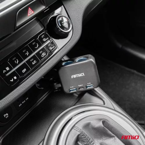 AMiO dupla szivargyújtó-elosztó töltő 2x USB-A 1x USB C 12/24V 100W 180° (04357)