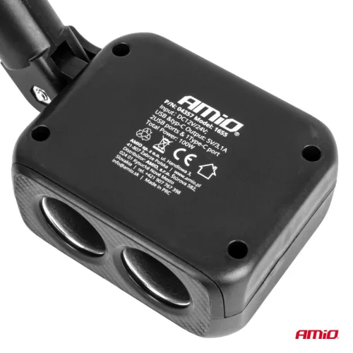 AMiO dupla szivargyújtó-elosztó töltő 2x USB-A 1x USB C 12/24V 100W 180° (04357)