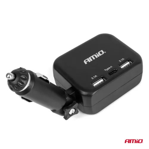 AMiO dupla szivargyújtó-elosztó töltő 2x USB-A 1x USB C 12/24V 100W 180° (04357)