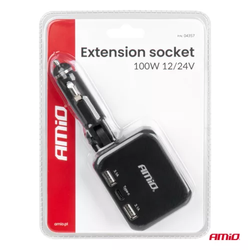 AMiO dupla szivargyújtó-elosztó töltő 2x USB-A 1x USB C 12/24V 100W 180° (04357)