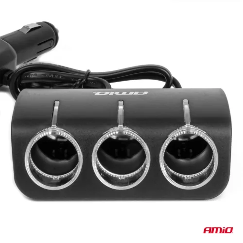 AMiO tripla szivargyújtó-elosztó töltő 1x USB-A 1x cigarette lighter 12/24V 120W 80cm (04360)