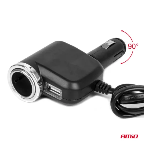 AMiO tripla szivargyújtó-elosztó töltő 1x USB-A 1x cigarette lighter 12/24V 120W 80cm (04360)