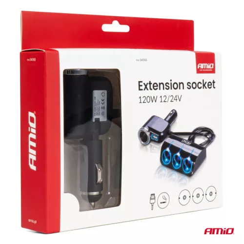 AMiO tripla szivargyújtó-elosztó töltő 1x USB-A 1x cigarette lighter 12/24V 120W 80cm (04360)