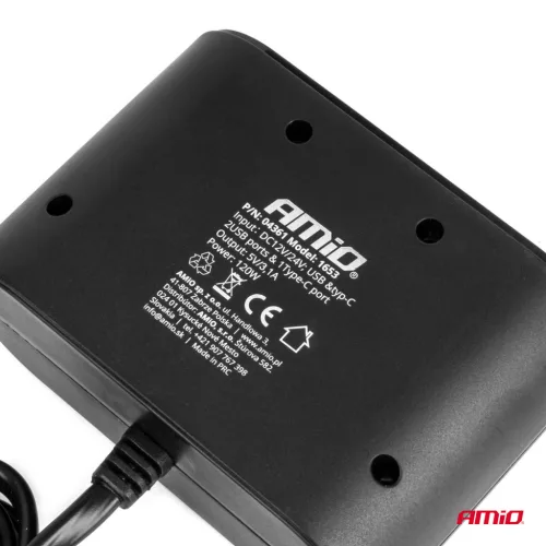 AMiO tripla szivargyújtó-elosztó töltő 2x USB-A 1x USB C 12/24V 120W 70cm (04361)