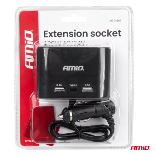 AMiO tripla szivargyújtó-elosztó töltő 2x USB-A 1x USB C 12/24V 120W 70cm (04361)