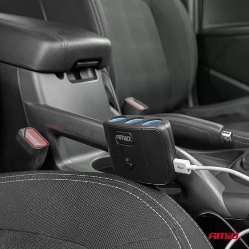 AMiO tripla szivargyújtó-elosztó töltő 2x USB-A ON/OFF gomb 12/24V 100W 70cm (04362)