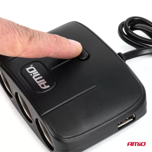 AMiO tripla szivargyújtó-elosztó töltő 2x USB-A ON/OFF gomb 12/24V 100W 70cm (04362)