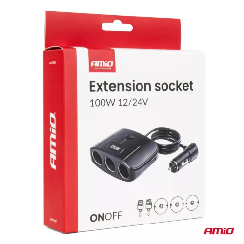 AMiO tripla szivargyújtó-elosztó töltő 2x USB-A ON/OFF gomb 12/24V 100W 70cm (04362)