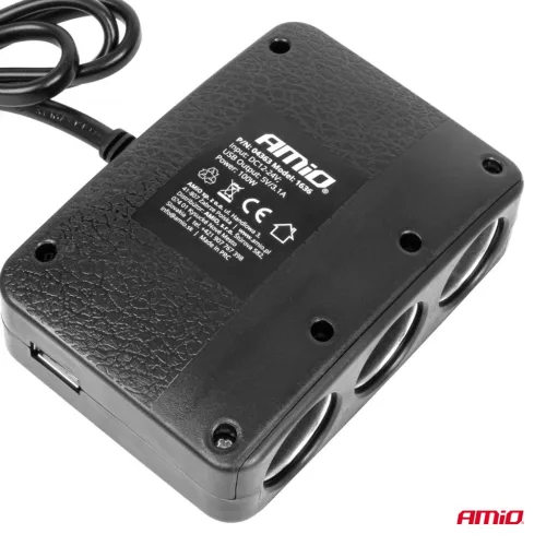 AMiO tripla szivargyújtó-elosztó töltő 2x USB-A ON/OFF gomb LED visszajelző 12/24V 100W 70cm (04363)