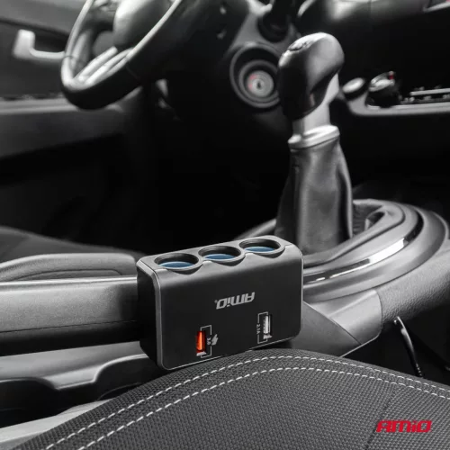 AMiO tripla szivargyújtó-elosztó töltő digitális kijelzővel 2x USB-A QC 3.0 12/24V 120W 80cm (04364)