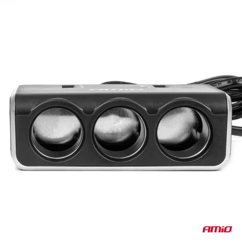 AMiO tripla szivargyújtó-elosztó töltő digitális kijelzővel 2x USB-A QC 3.0 12/24V 120W 80cm (04364)