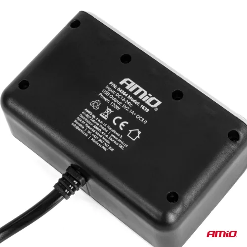 AMiO tripla szivargyújtó-elosztó töltő digitális kijelzővel 2x USB-A QC 3.0 12/24V 120W 80cm (04364)