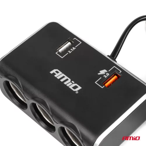AMiO tripla szivargyújtó-elosztó töltő digitális kijelzővel 2x USB-A QC 3.0 12/24V 120W 80cm (04364)