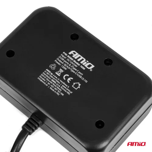 AMiO tripla szivargyújtó-elosztó töltő 1x USB-A 1x USB C QC 4.0 12/24V 120W 80cm (04365)